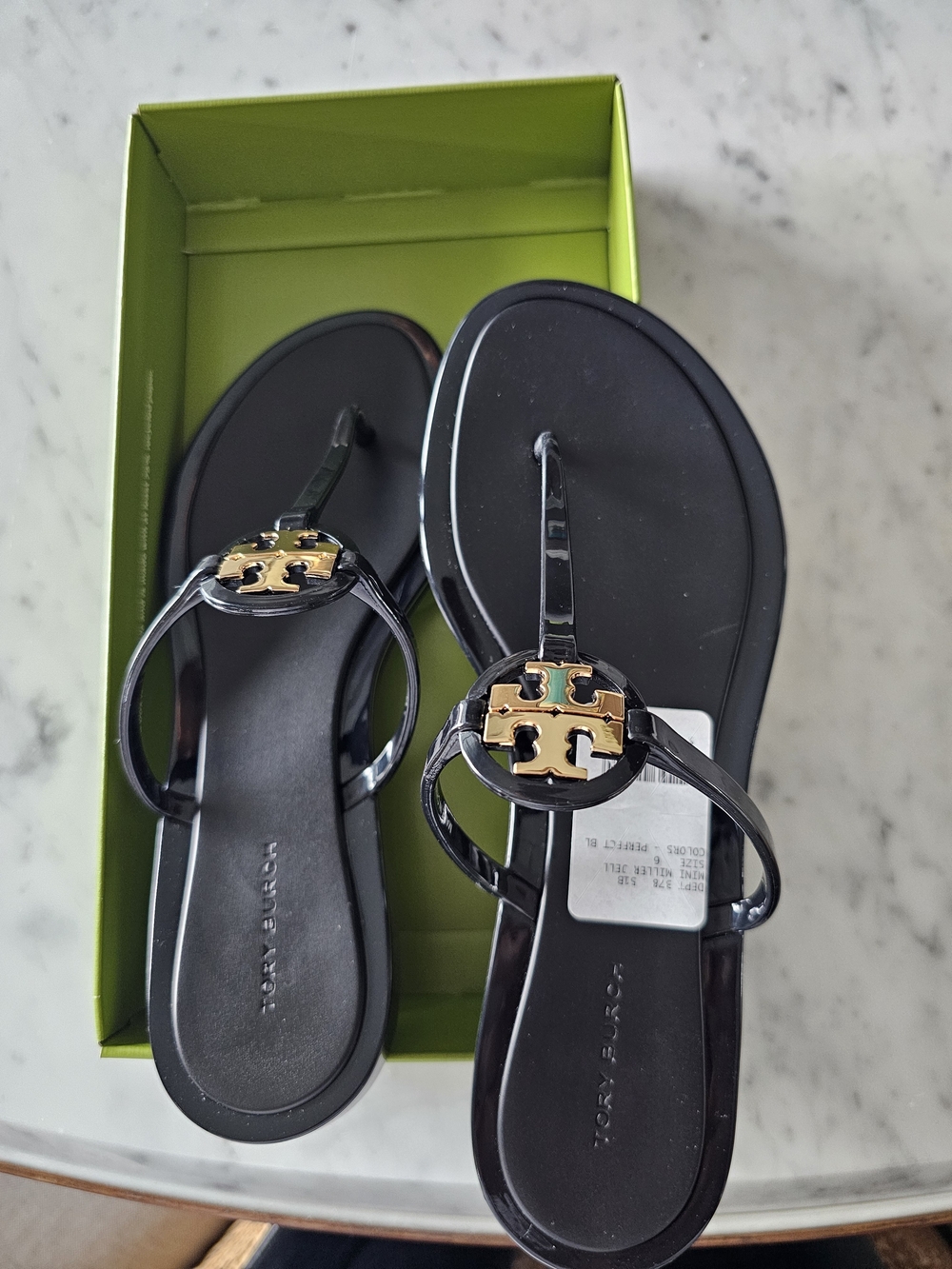 Tory Burch Black Patent Thong Sandals with Gold Logo Medallion